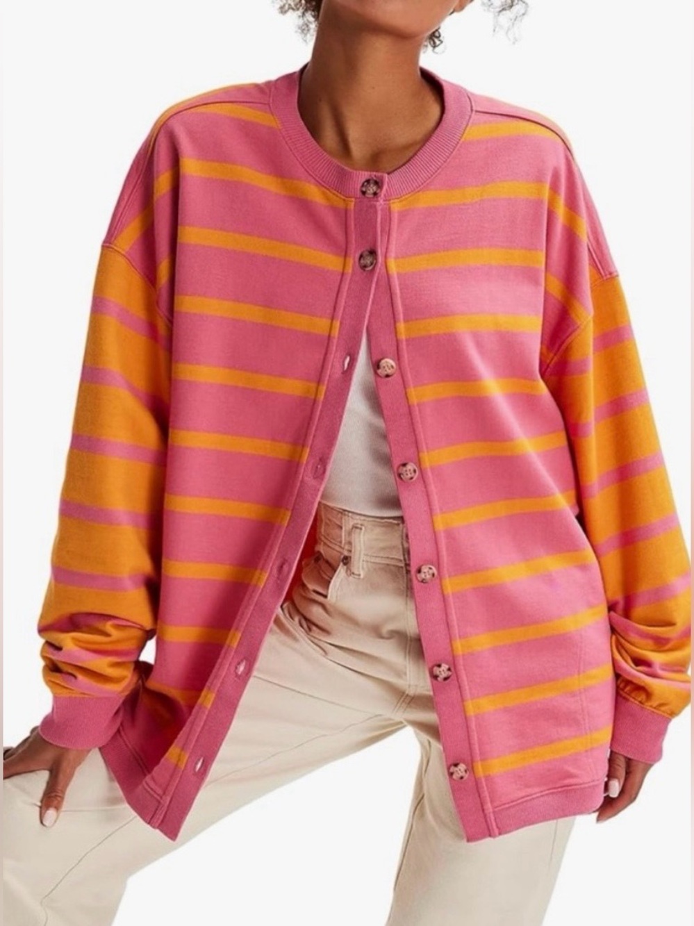 Free People Pink & Orange Striped Button-Front Oversized Cardigan